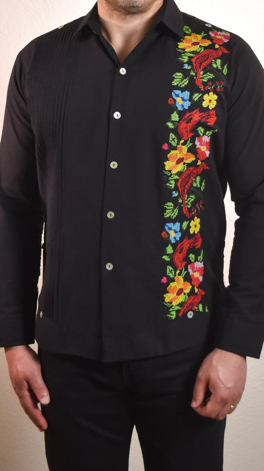 Presidencial Long Sleeve Black with One Side Cardenales Bordado Cotton/Linen Blend