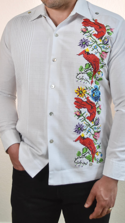 Presidencial Long Sleeve White with One Side Cardenales Bordado Cotton/Linen Blend