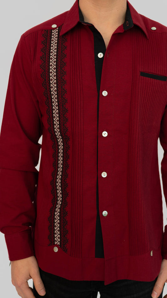 Presidencial Long Sleeve Red with One Side Bordado Cotton/Linen Blend