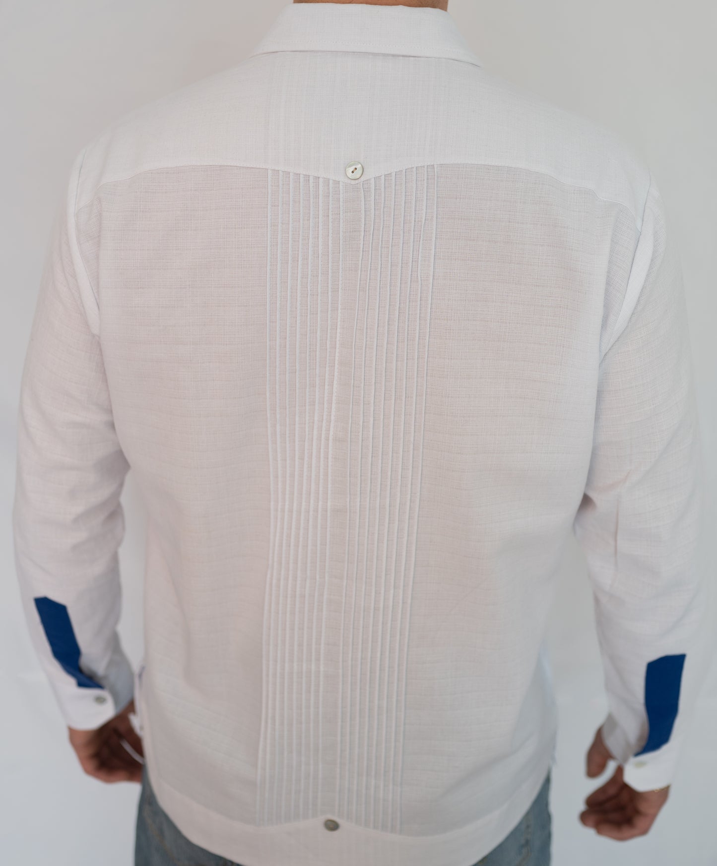 Presidencial Long Sleeve White & Blue with One Side Bordado Cotton/Linen Blend